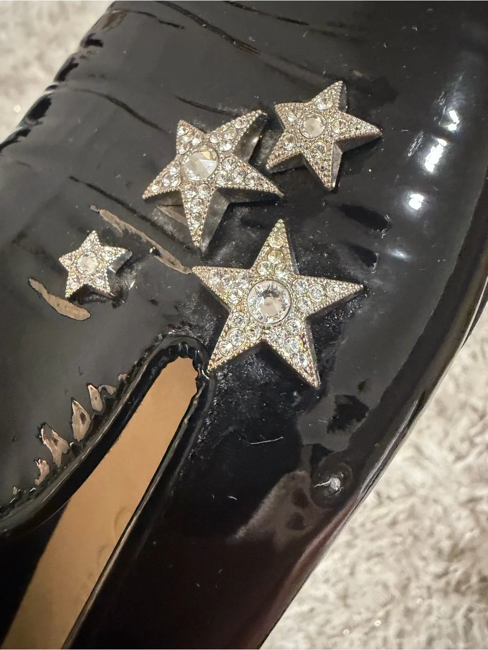 Jimmy Choo Black Patent Loafers with Silver Crystal Stars